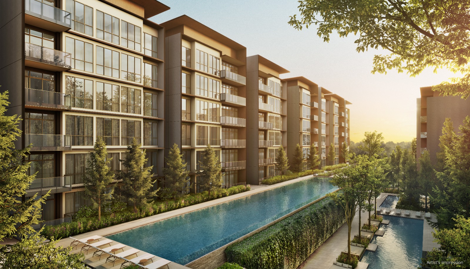 Amberwood residential blocks facing the landscaped pool