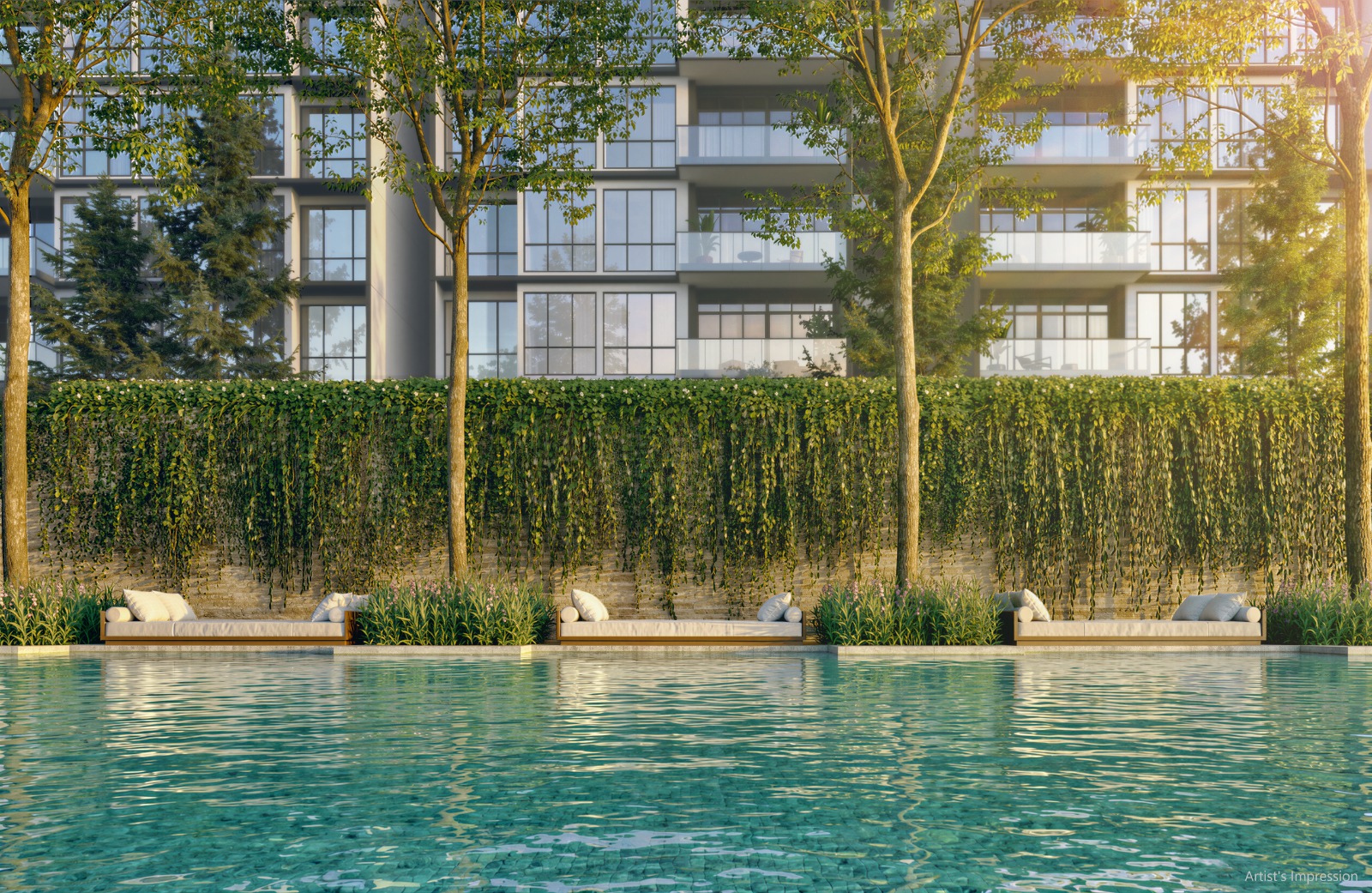 Amberwood pool framed by residences and vertical greenery