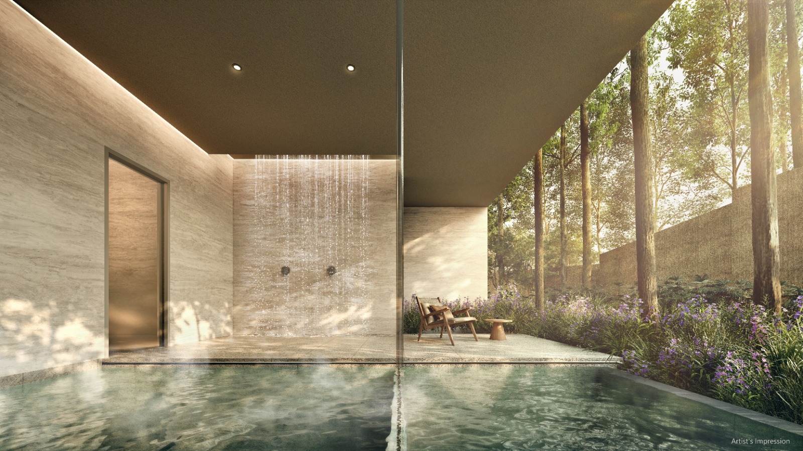Amberwood spa with warm stone finishes and forest views