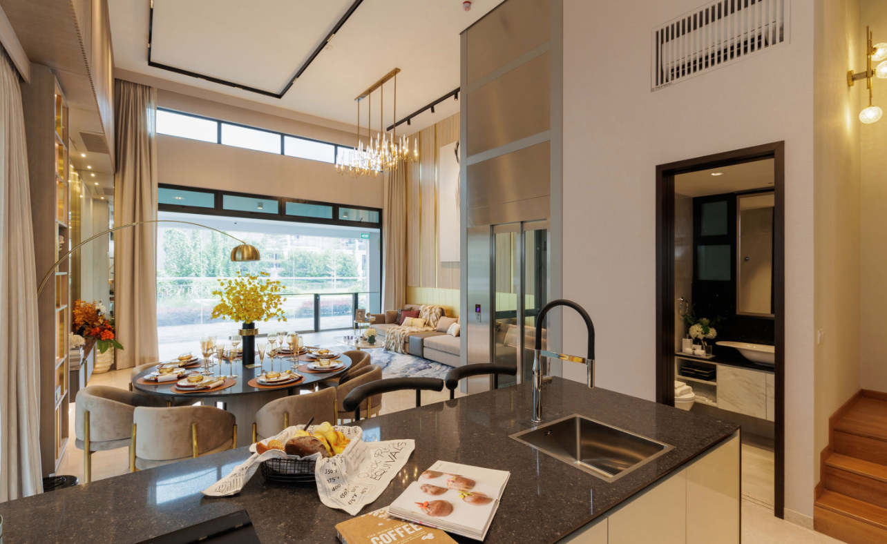 Type B living room, dining area, dry kitchen and private lift
