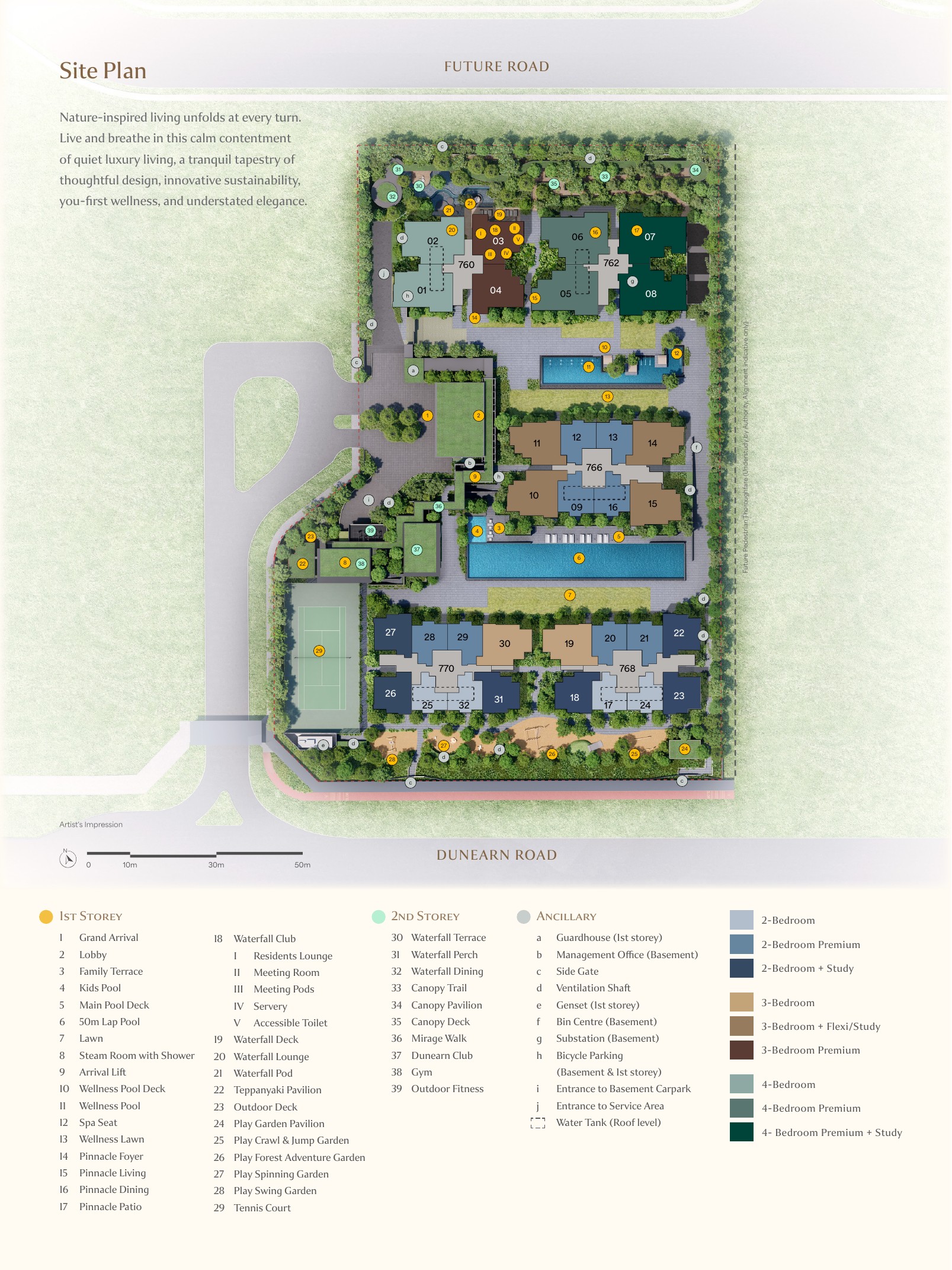 Full colour Dunearn House site plan with facilities and unit distribution legend