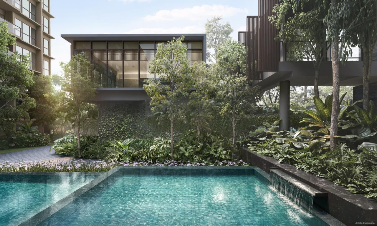 Artist's impression of the swimming pool and landscaped residences at Dunearn House