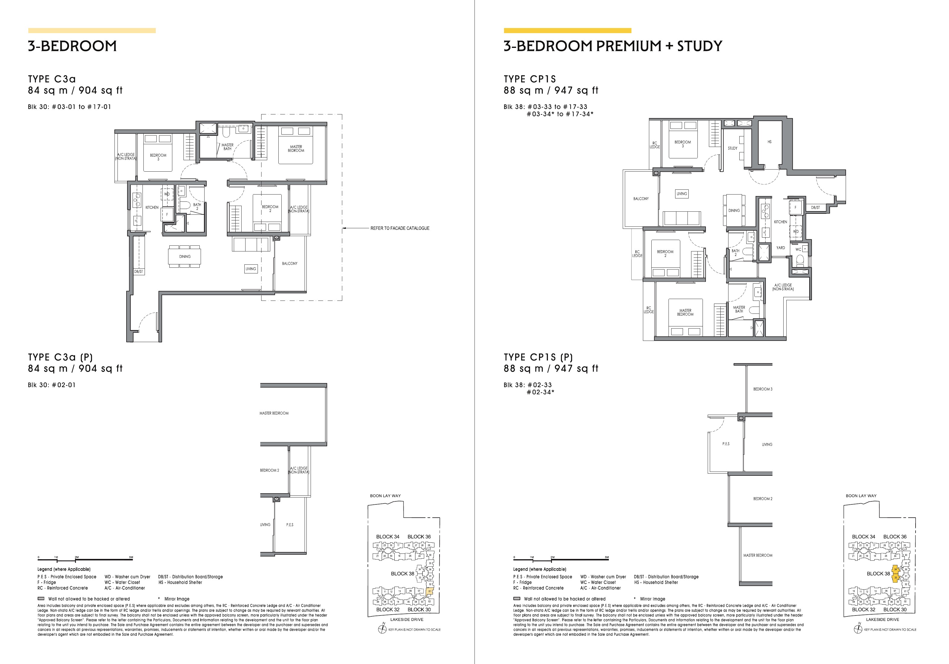 3 Bedroom & 3 Bedroom Premium + Study floor plans from the Lucerne Grand Main Brochure